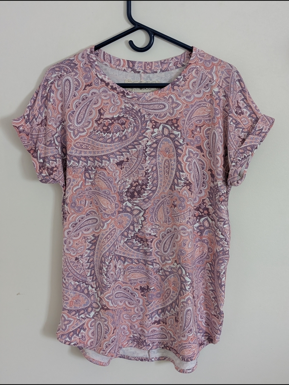 Cupio Paisley Pink Knit Lace Yoke Round Neck Cap Sleeve Stretch T-Shirt L